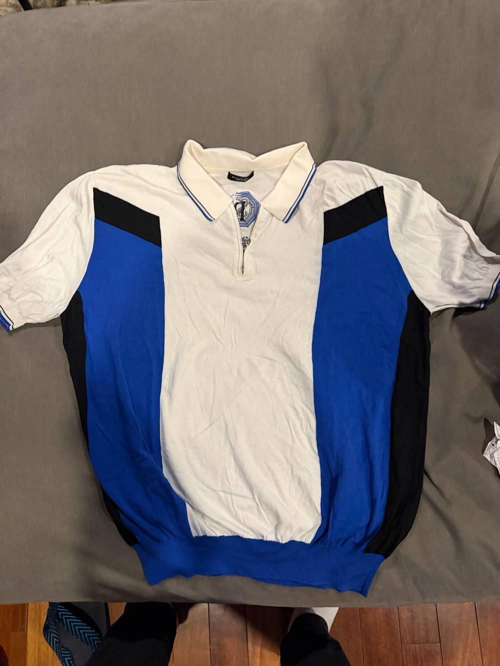 Stefano Ricci White, Blue & Black Short-Sleeve Zip Polo